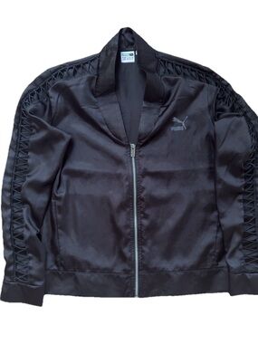 Puma EVO Women’s Satin Lace-Up Crop Track Jacket Black Bomber Large Athletic